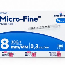 Инсулиновые шприцы BD Micro Fine Plus Demi 0,30мм (30G) x 8мм, 1/2U, 100 шт.  