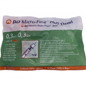 Инсулиновые шприцы BD Micro Fine Plus Demi 0,30мм (30G) x 8мм, 1/2U, (10 шт.)
